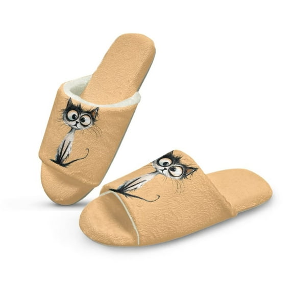 POLERO Cat Print Open Toe House Slippers for Women Men Soft Cotton Indoor Shoes Memory Foam Slip On Bedroom Slippers, Size 4.5-5.5