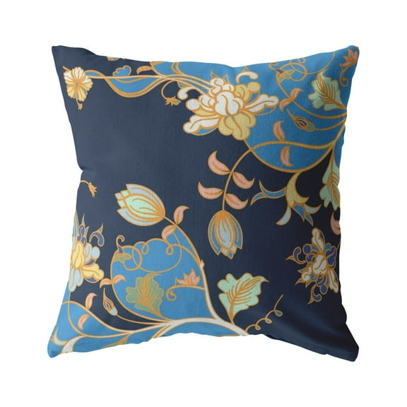 Carnation Garden Indoor/Outdoor Fabric Pillow in Light Blue on Navy 20x20
