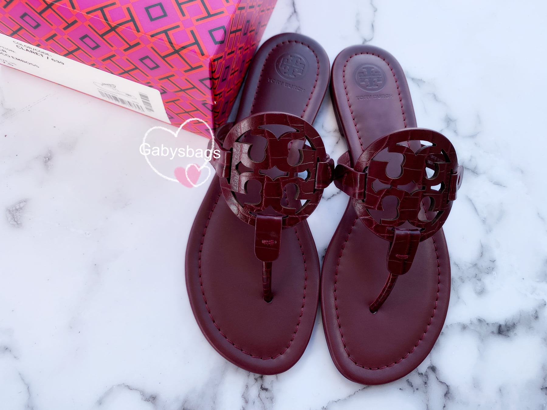 Tory Burch Miller Sandals Embossed Leather Claret Burgundy  