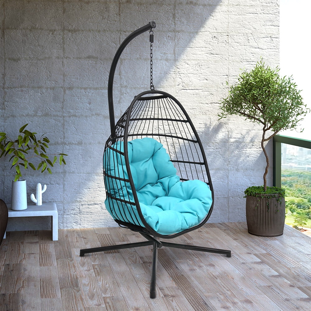 Abble Outdoor Wicker Hanging Basket Swing Chair with Cushion and Stand - Black & Aqua