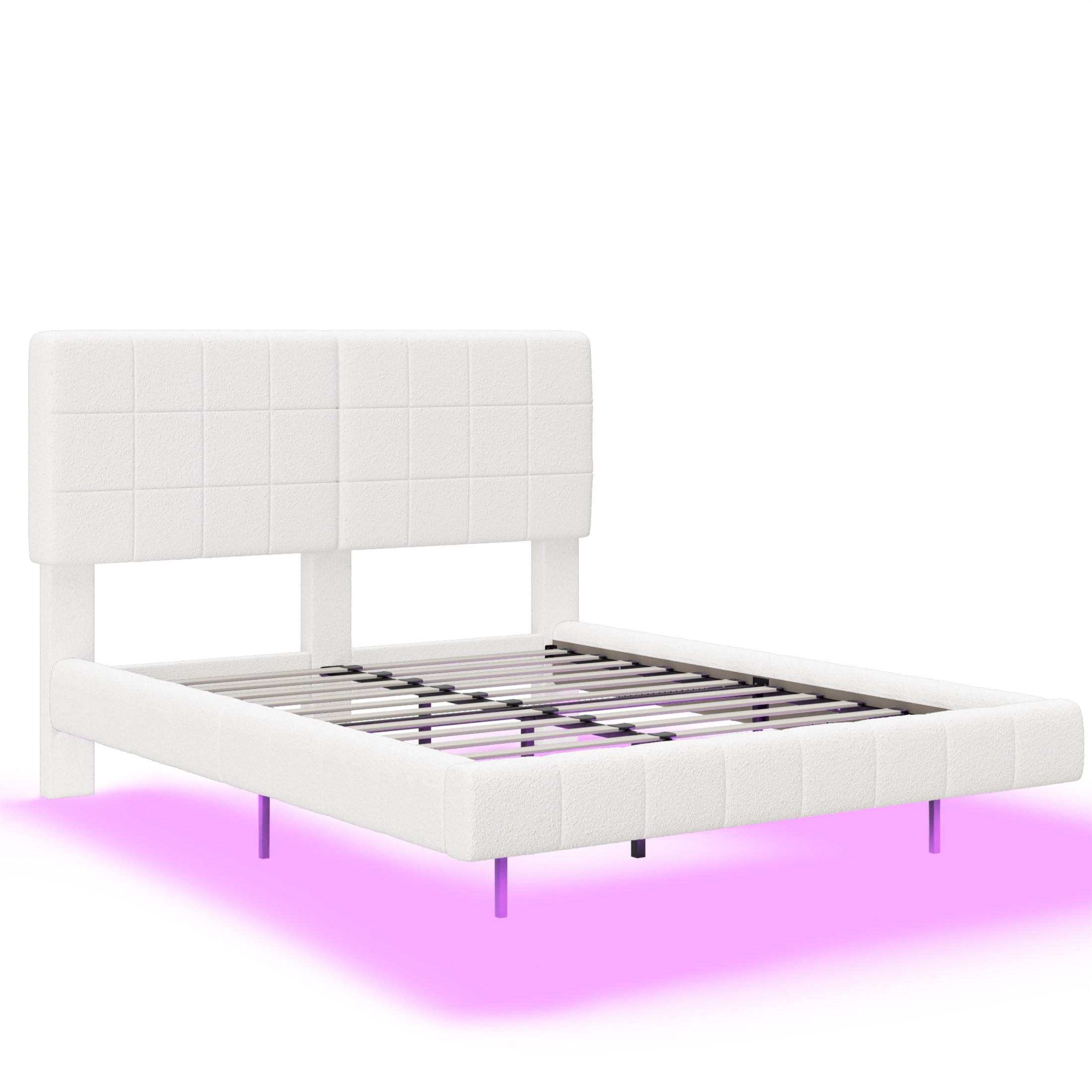 Christopher Knight Home Queen Size Wood Floating Bed Frame with LED Light & Headboard, White Boucle Upholstery