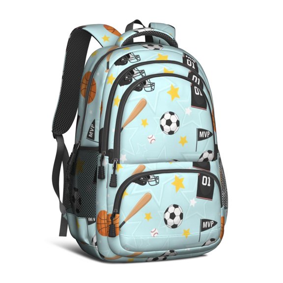 Football and Basketball Blue Pattern Backpack for School, Cute School Bag with Adjustable Shoulder Straps and Padded Back, 16.9"x12.6"x5.9"