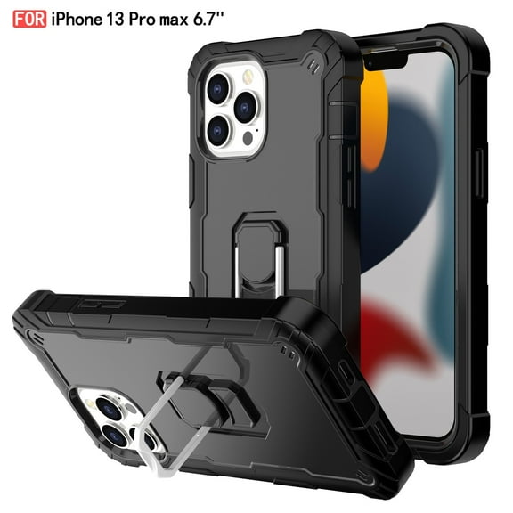 SaniMore for iPhone 13 Pro Max 6.7" 2021 Case with Hidden Bracket Rugged Heavy Duty Protective [Hard PC Back + Silicone Bumper] Shokcproof Anti-drop Tri-layer Hybird Armor Shell, Black