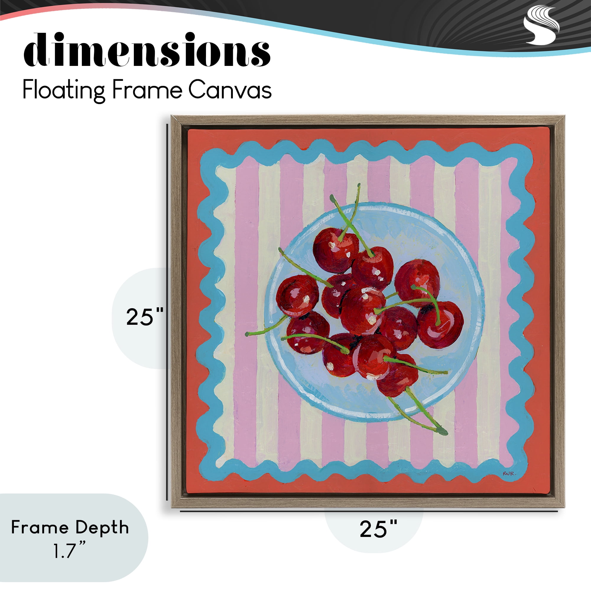 Stupell Industries Red Cherries over Pink Stripes Brown Framed Floater Canvas Wall Art, design by Rachael Reese