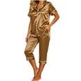 thumbnail image 5 of XUNKUSGA Women's Satin Pajama Sets 2 Piece Capri Pajamas Short Sleeve Lapel Button Down Shirts Silk Pjs Lightweight Breathable Casual Pajamas for Women Set Brown S, 5 of 8