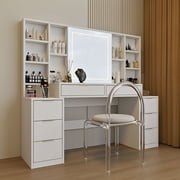 Makeup Vanity Desk with Mirror and Lights, 59 Large Vanity Table with 8Drawers & Open Storage Shelves, Brightness Adjustable, Dressing Table for Bedroom, Women Girl