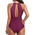 thumbnail image 3 of Maillot de Bain une Pièce pour Femmes Col Haut Plongeant en Maille Froncée Violet P, 3 of 6
