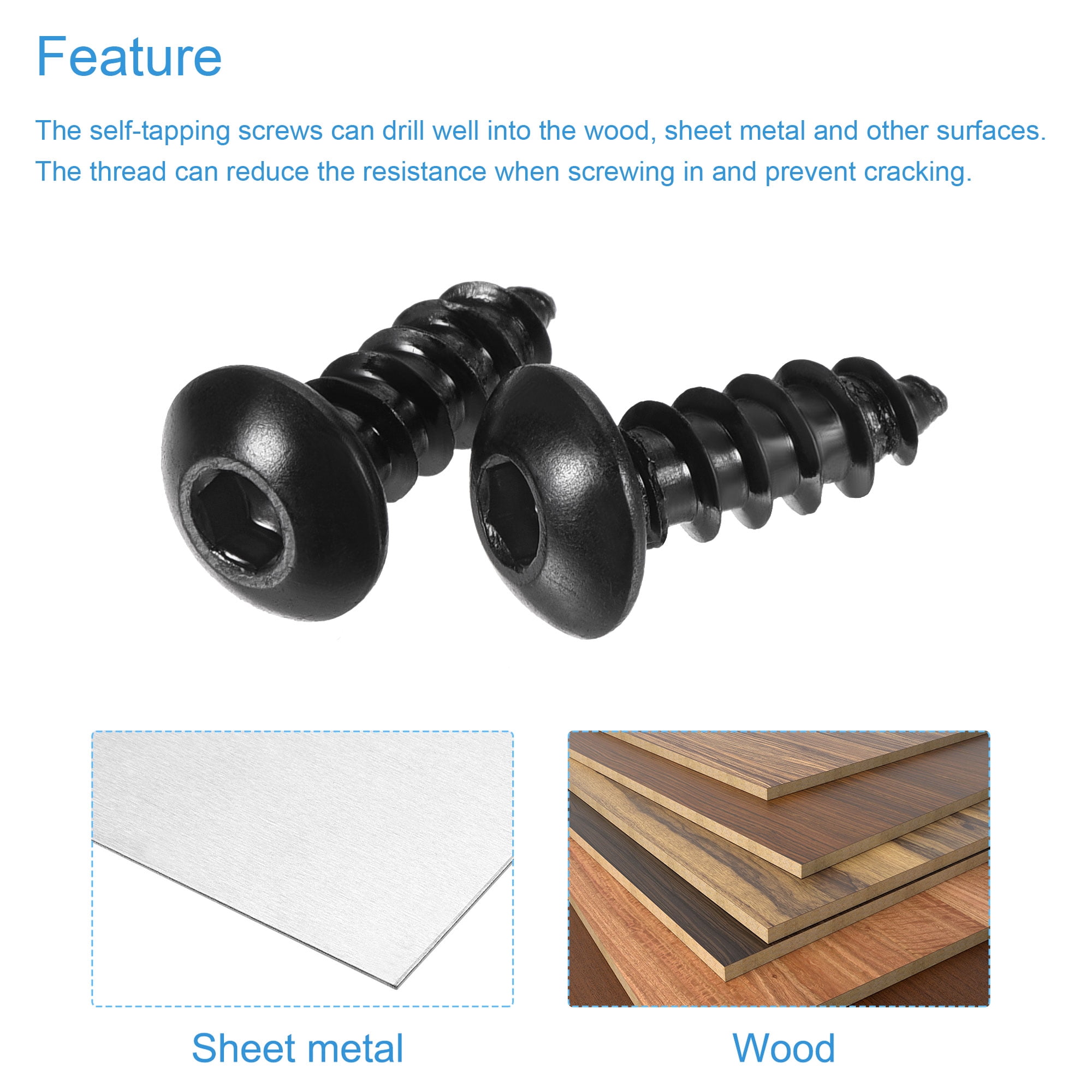 Unique Bargains Hex Socket Self Tapping Screws Made of Carbon Steel Black M4 x 12mm