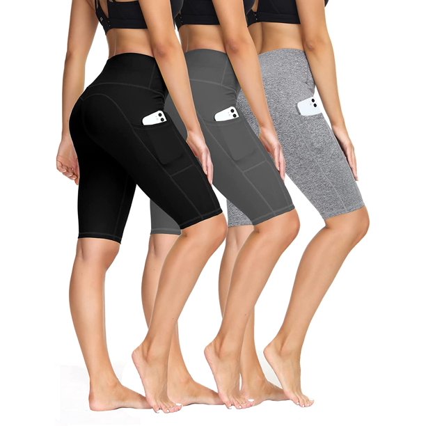 FIT 3 Pack 5" 8" 11" Crossover Biker-Shorts-Mujer con bolsillos Buttery Soft Cintura alta Control de barriga Legging YogaLeggings3 Pack - Negro/Gris/Gris carbón 11"Large esquí esquí Gafas de esquí