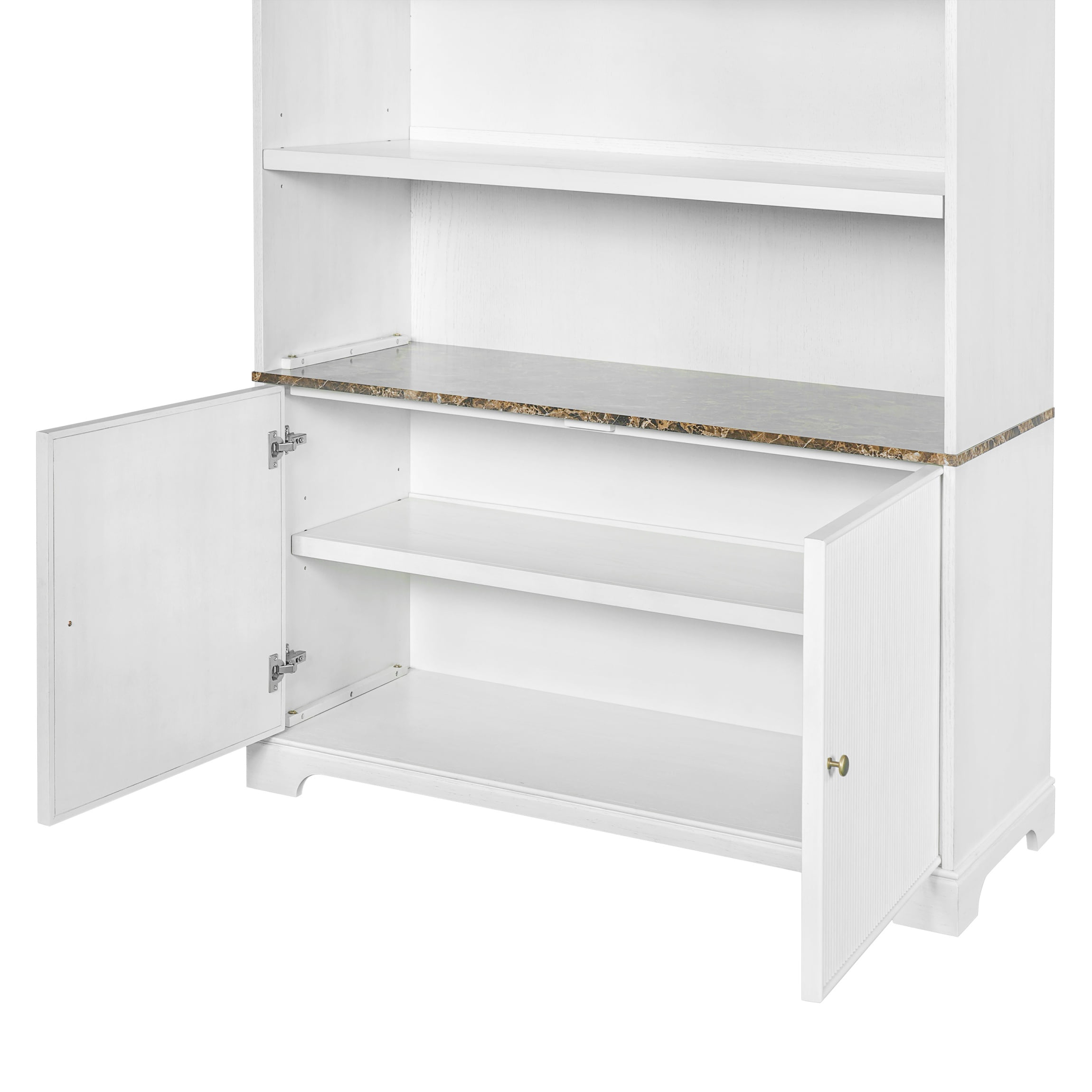 91" Tall Storage Cabinet with Faux Marble Tabletop, Freestanding Bookcase with Fluted Doors, Wooden Display Bookshelf Office Hutch
