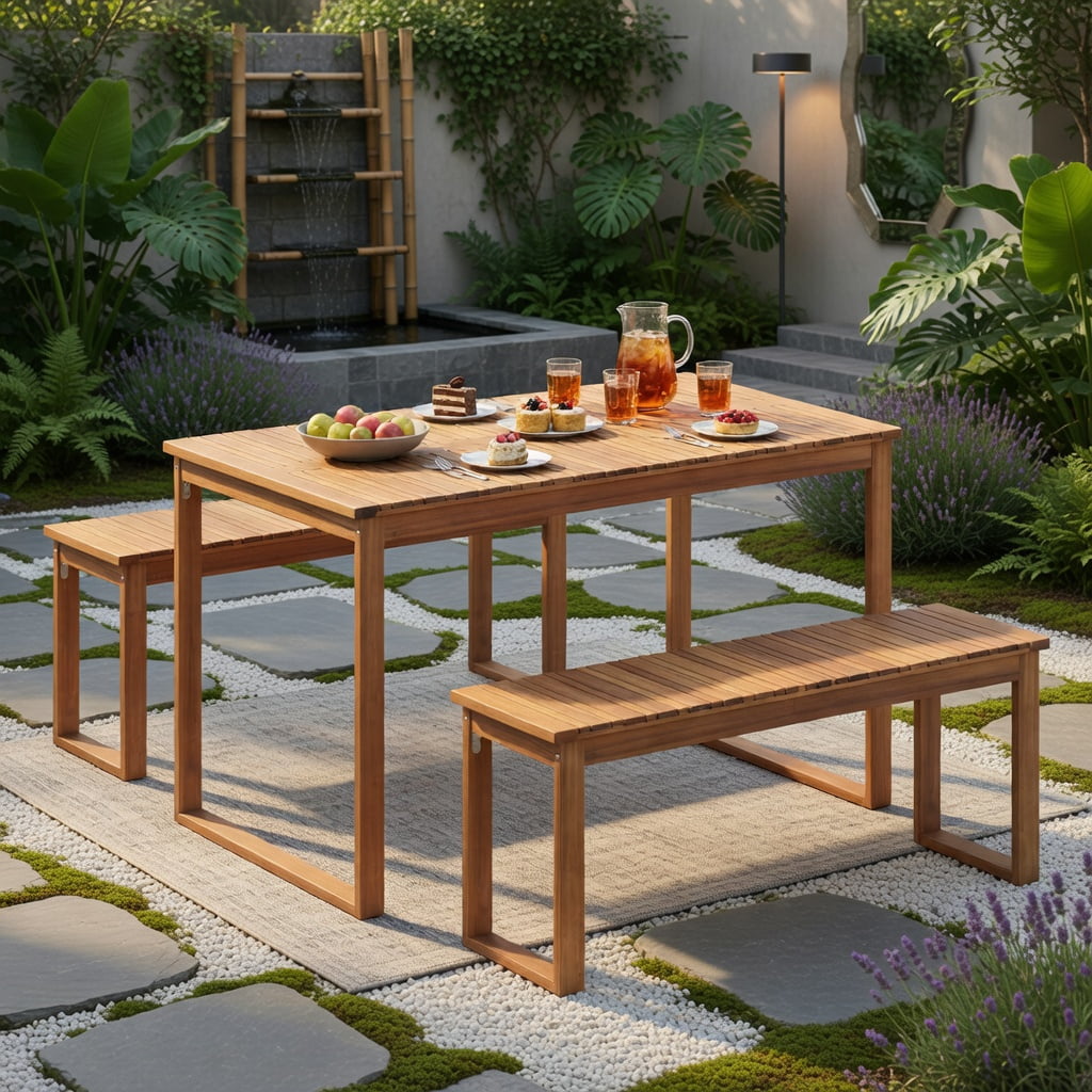 Hommoo Acacia Wood Outdoor Garden Bench, Slatted Seat Patio Bench for Porch, Balcony & Backyard, Natural