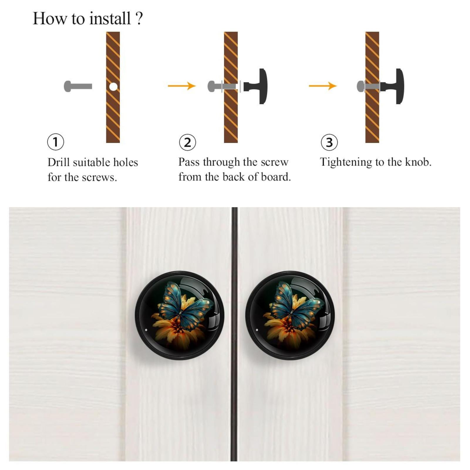 HemaKayy 4 Pack 1.3" Decorative Cabinet Knobs - Unique Design for Home Kitchen Bedroom Furniture Decor - Durable ABS Cabochon Glass Materials - Easy Installation - Turquoise Blue Butterfly Lily Flower