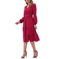 thumbnail image 4 of Vestido V de Cuello Inspire Chic para Mujer con Mangas de Linterna, Volantes, Corte A, Elegante, Casual, Midi, S Rojo Oscuro, 4 of 6