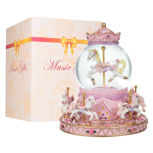 Linda Caja de Carrusel Giratoria Bola de Cristal Bola de Cristal Nieve Globe Butor Musical Luces Coloridas Little Little Horses Girls Festival Regalo de Cumpeados