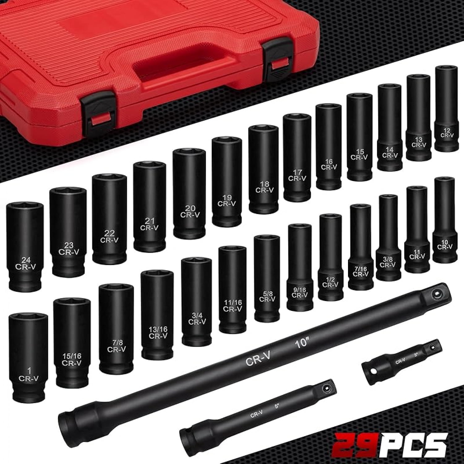 1/2" Drive Impact Socket Set 29-Piece, Cr-V-M Steel Deep Socket SAE(3/8" - 1") & Metric(10-24mm) Sizes, with Extension Bar Come with Storage Case