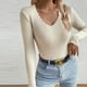 thumbnail image 1 of Suéter de cuello en V para mujer, blusa de poliéster de manga larga, color liso y moderno., 1 of 4