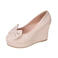 thumbnail image 1 of Beige Womens Block Heel Shoes Round Toe High Heel Thick Sole Comfortable Non Slip Soft Sole Bow Durable Lightweight Breathable All Day Walking Use, 1 of 9