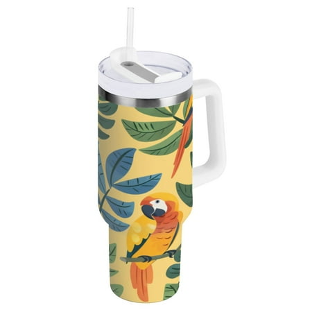 

40 Oz Car Handle Water Cup 10.8x3.85 Inch Stainless Steel Water Cup With Handle Water Cup Car Water Cup Travel Coffee Cup Leaves and Parrots