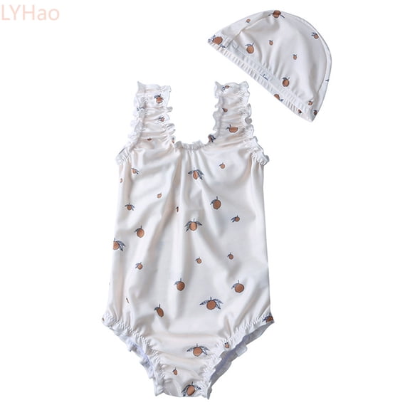 LYHao Toddler Kids Baby Girl Swimsuit Floral Striped Dot Sleeveless 1 Piece Bathing Suit Bikini Tankini Swimwear With Hat,One-Piece Swimsuit 2-3 Years Beige