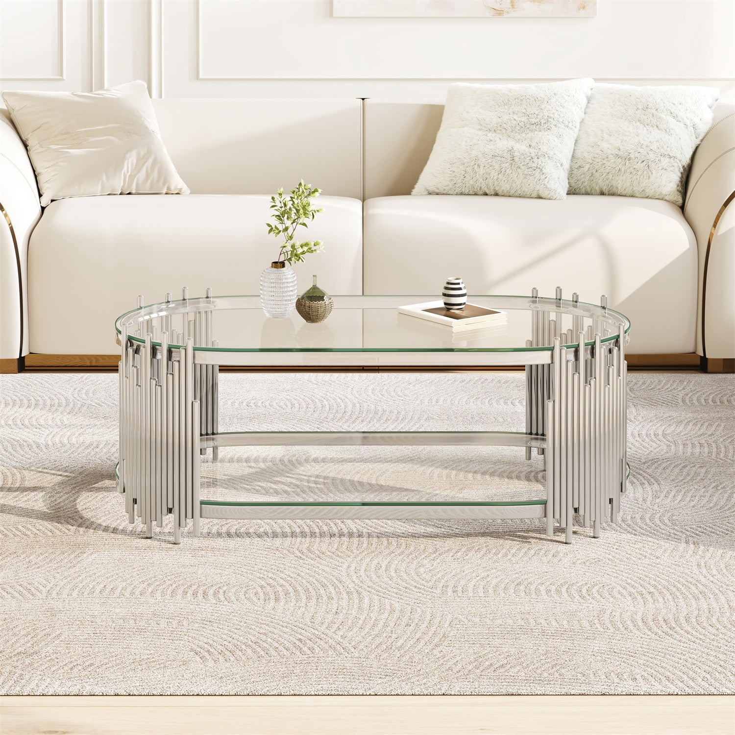 Hommoo Modern Oval Coffee Table with 2-Tier Tempered Glass Shelves, Polished Stainless Steel Frame, Organ Pipe Design, Living Room Center Table, Sliver