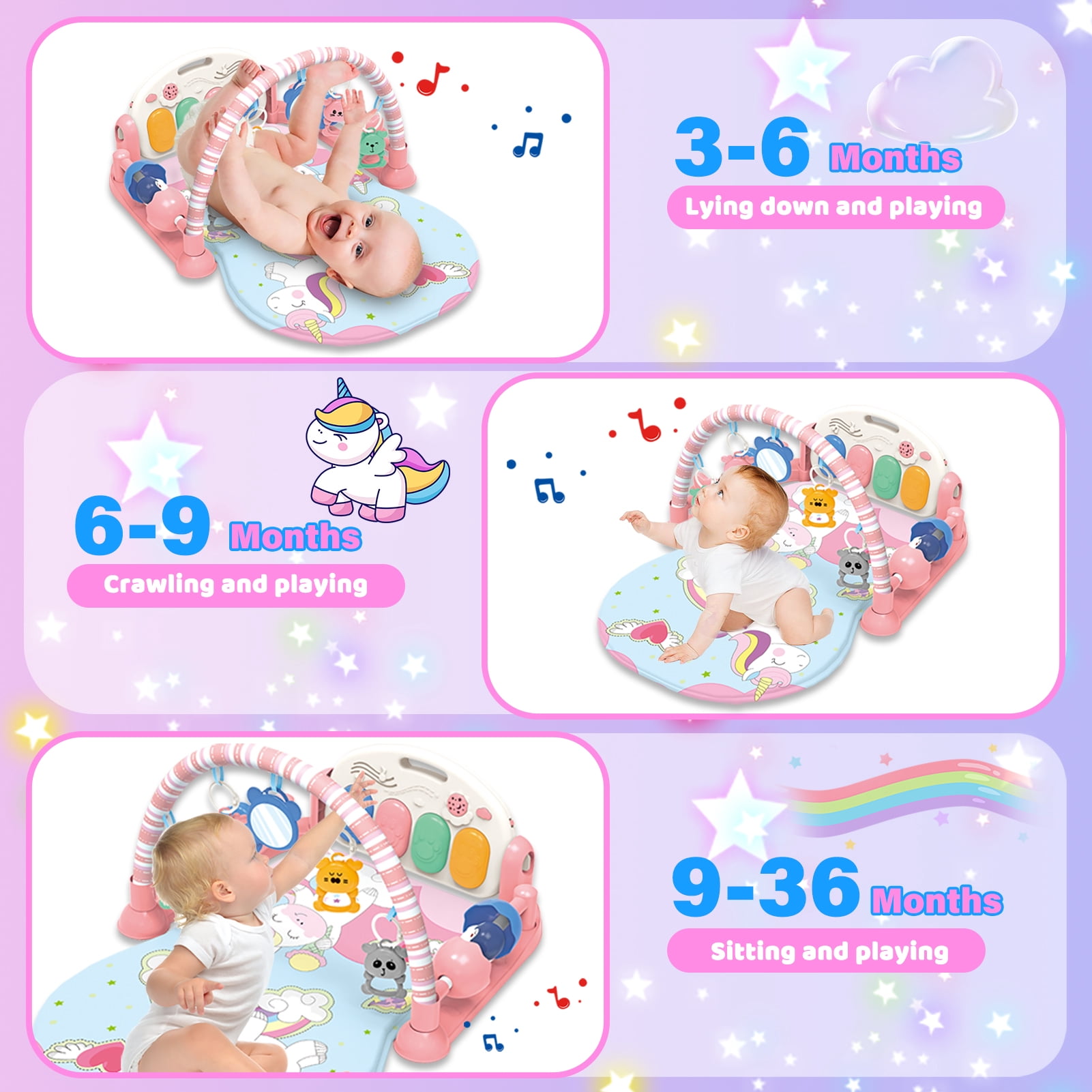 LINXUXIE 2 in 1 Baby Gym Playmat with Music and Lights,Infant Tummy Time Mat with 5 Sensory Montessori Toys & Mirror,Newborn Gifts for 0-3 6-12 Month