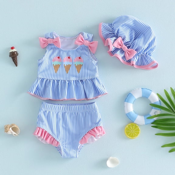 Infant Girls Tankini Set Bathing Suit Graphic Sleeveless Swimsuit Bowknot Print 3 Piece Set With Briefs Caps For Beach Pool