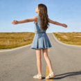 thumbnail image 5 of GiLiling Girls Denim Pleated Skirts Elastic Waist Mini Skirt with Frayed Hem Casual Flared Skirt Summer Daily Wear (Light Blue, 12-13 Years), 5 of 8