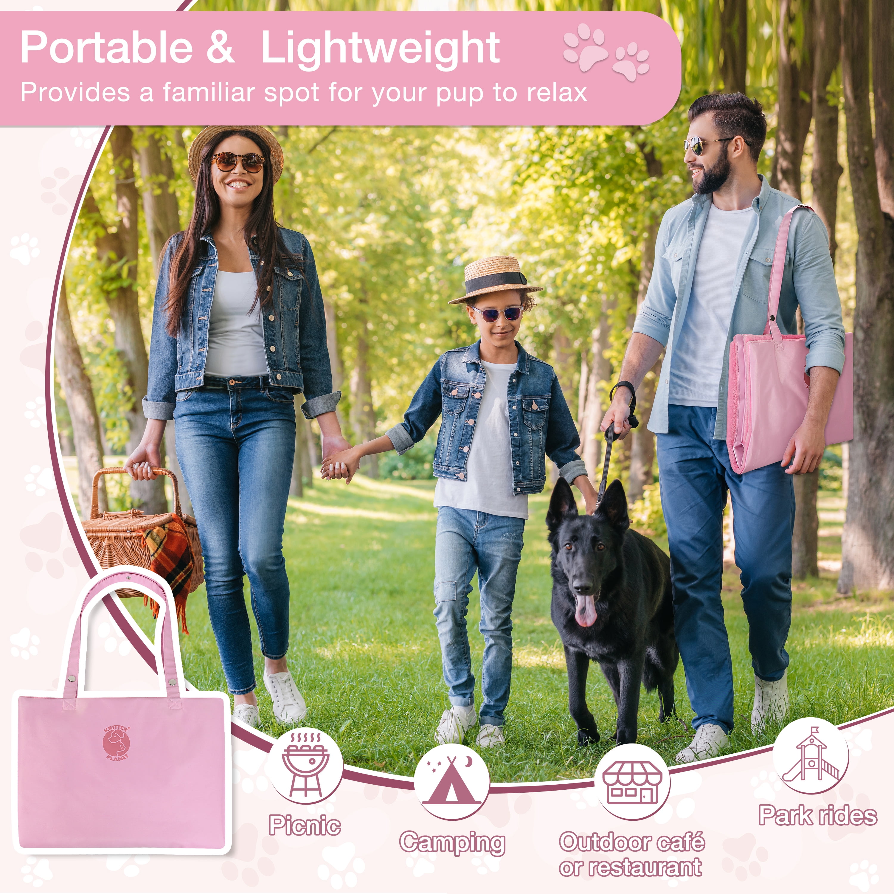 Kritter Planet Reversible Waterproof Foldable Dog Bed Pad for Camping & Travel, Portable Roll-Up Dog Bed Car Seat Pet Cushion Mat with Handles for Small & Medium Dogs, Indoor & Outdoor Use