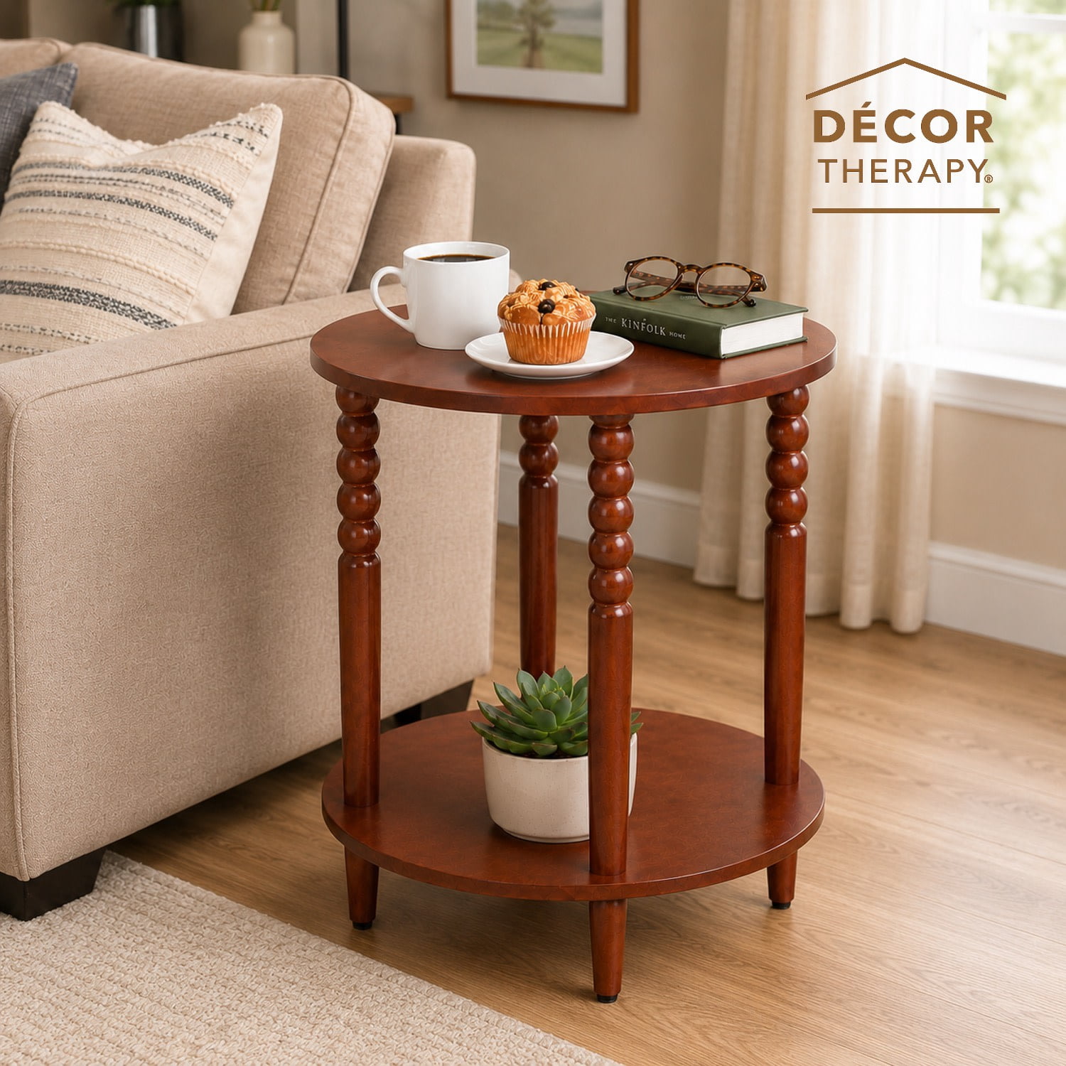Decor Therapy Stafford Round Side Table, Two-Tier Modern End Table with Spindle Legs, Easy Assembly, Cherry