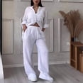 thumbnail image 3 of Women's Casual Solid-Color Cotton-Linen Shirt and Drawstring Wide-Leg Pants Set, 3 of 5