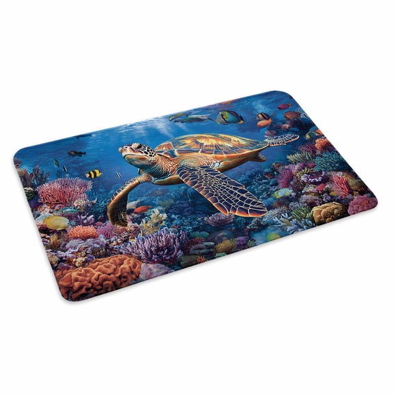 Coastal Turtle Doormat Outdoor Entrance 16"x24", Turquoise Coral Tropical Ocean Animal Fish Absorb Moisture Dirt Door Mats, Non-Slip Rubber Backing Floor Mats Indoor, Low-Profile Front Door Rugs