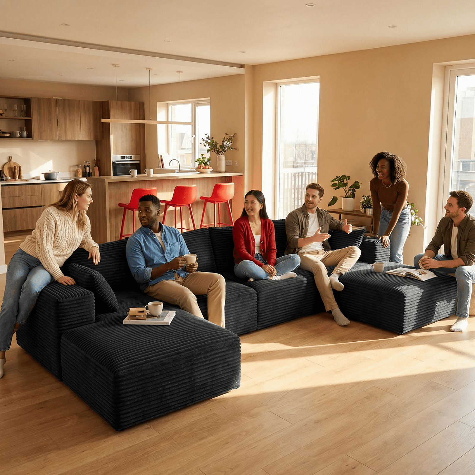 U-Shape Sectional Sofa, Lofka 135'' Modular Sectional Couch with Chaise Lounge, Couch Comfy Corduroy Floor Sofa for Living Room, Corduroy Upholstered 4-Seater Sofa with Pillow Back and Square Arms,