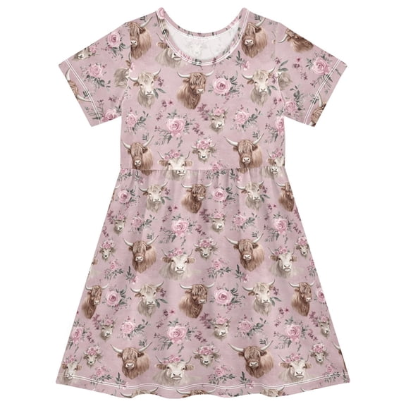 joogoo Highland Cattle Roses Girls' Short Sleeve Dress Kids Dresses 5-6T