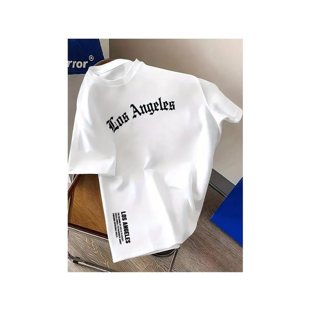 1pc Men'S Casual cotton T-Shirt with Geometric Los Angeles Print, Round Neck, Stretch Fabric, Regular Fit for Summer