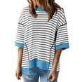 thumbnail image 2 of Blue Women's Short Sleeve T-shirt, Women'S Casual Round Neck Short Sleeved Striped Color Blocked Hem Off Shoulder Fashionable Pullover T Shirt,Women's Short sleeve T-shirt L, 2 of 5