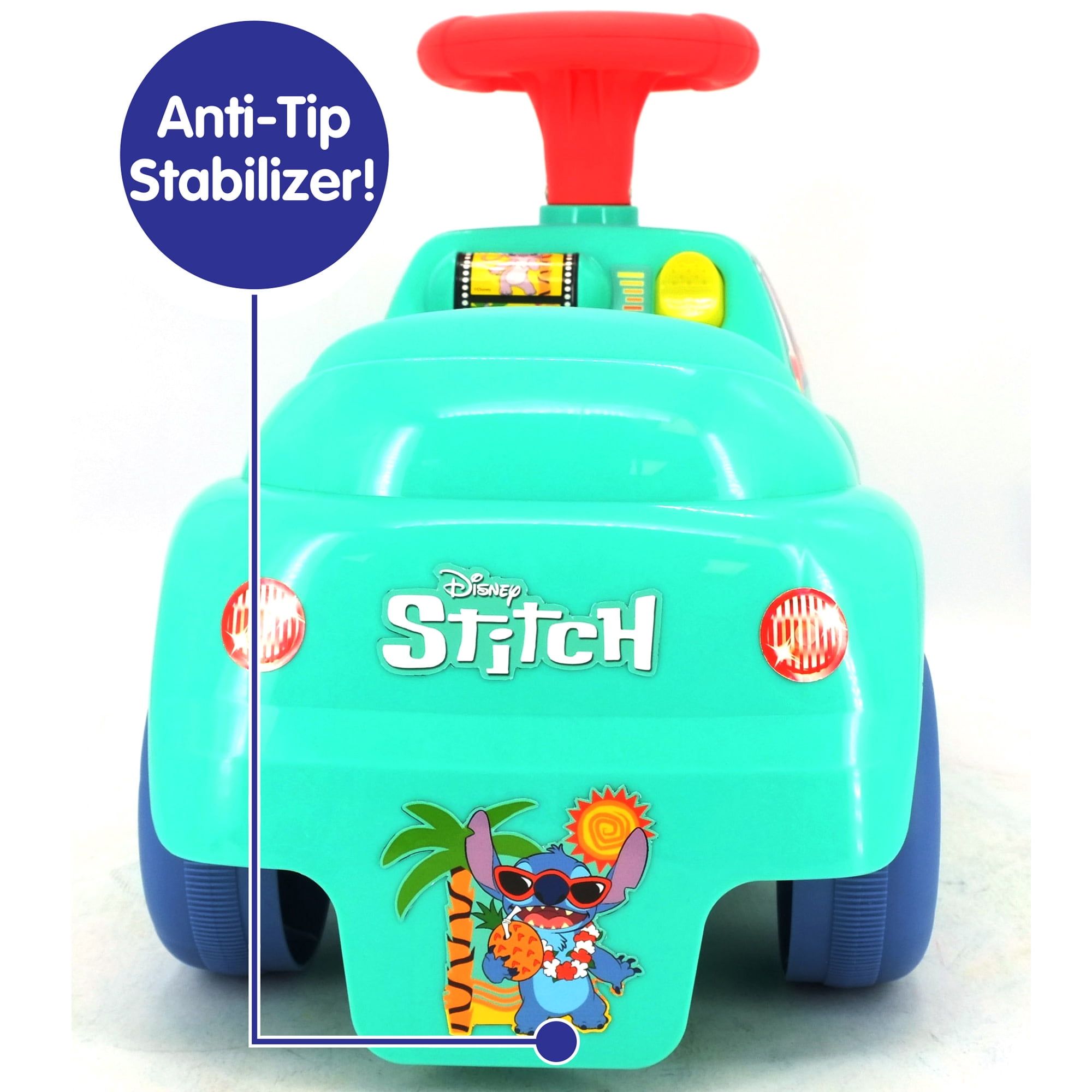 Kiddieland: My First Ride-On - Stitch - Teal & Red, Disney Character Lights & Sounds Foot-To-Floor Vehicle, Spin Roller & Steer Wheel, Toddler 12-36mo