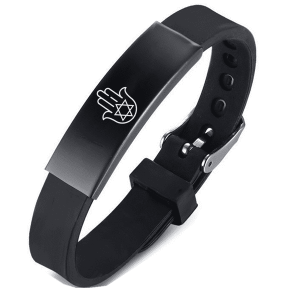 Jewish Jewelry Star of Magen David with Hamsa Hand of Fatima Amulet Symbol Silicone Strap Bracelet, Blessing Israel Rubber Wristband Judaica Gifts for Birthday Christmas, Adjustable, Black