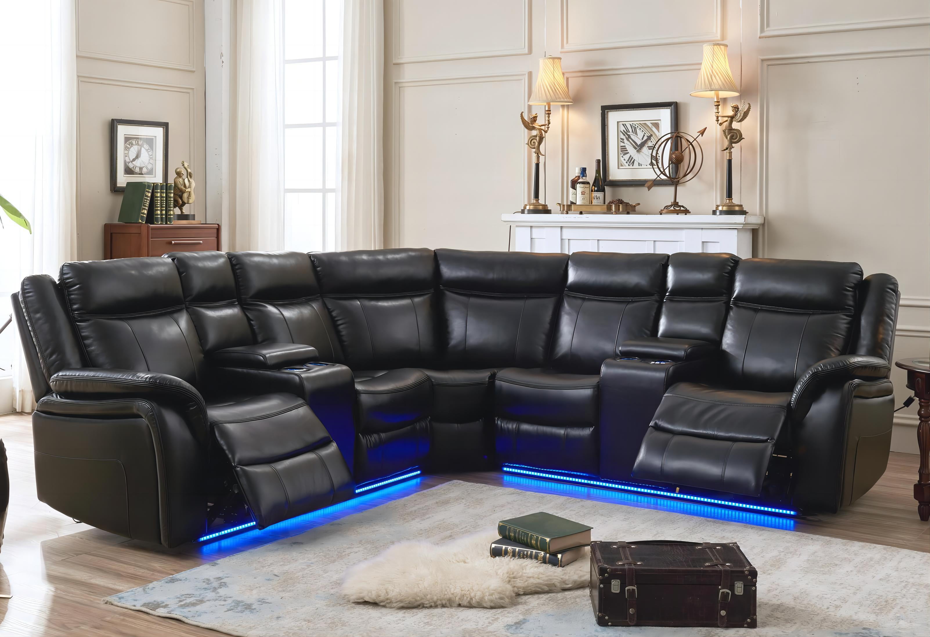 Comfort Stretch Power Recliner Sofa Sets with LED Lights,Faux Leather Reclining Sectional Couch for Living Room Furniture Sets with USB Port,Storage Console,Cup Holders Black