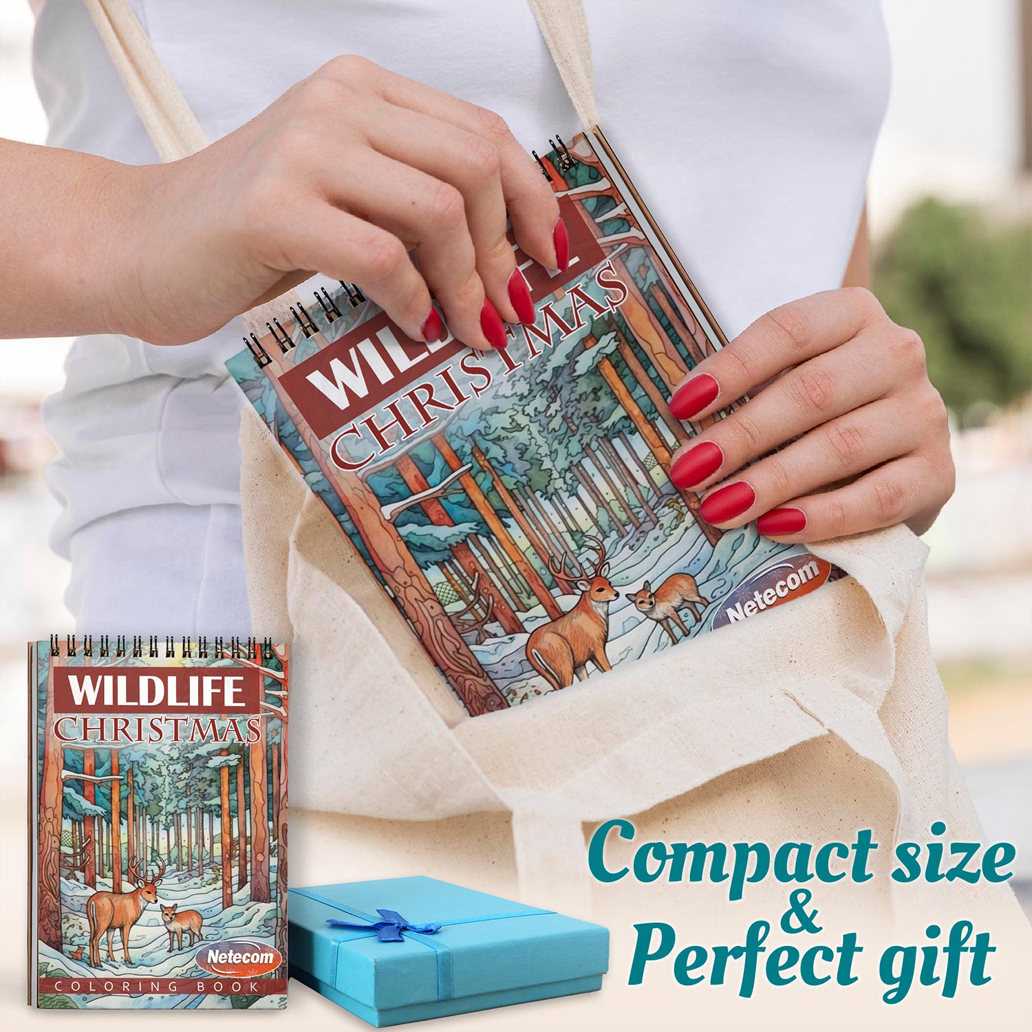 Netecom Christmas Wild Life Coloring Book Spiral Bound for Adults, A5 Wooden Cover, 30 Illustrations Coloring Pages of Wildlife in Winter Scenes for Stress Relief and Relaxation