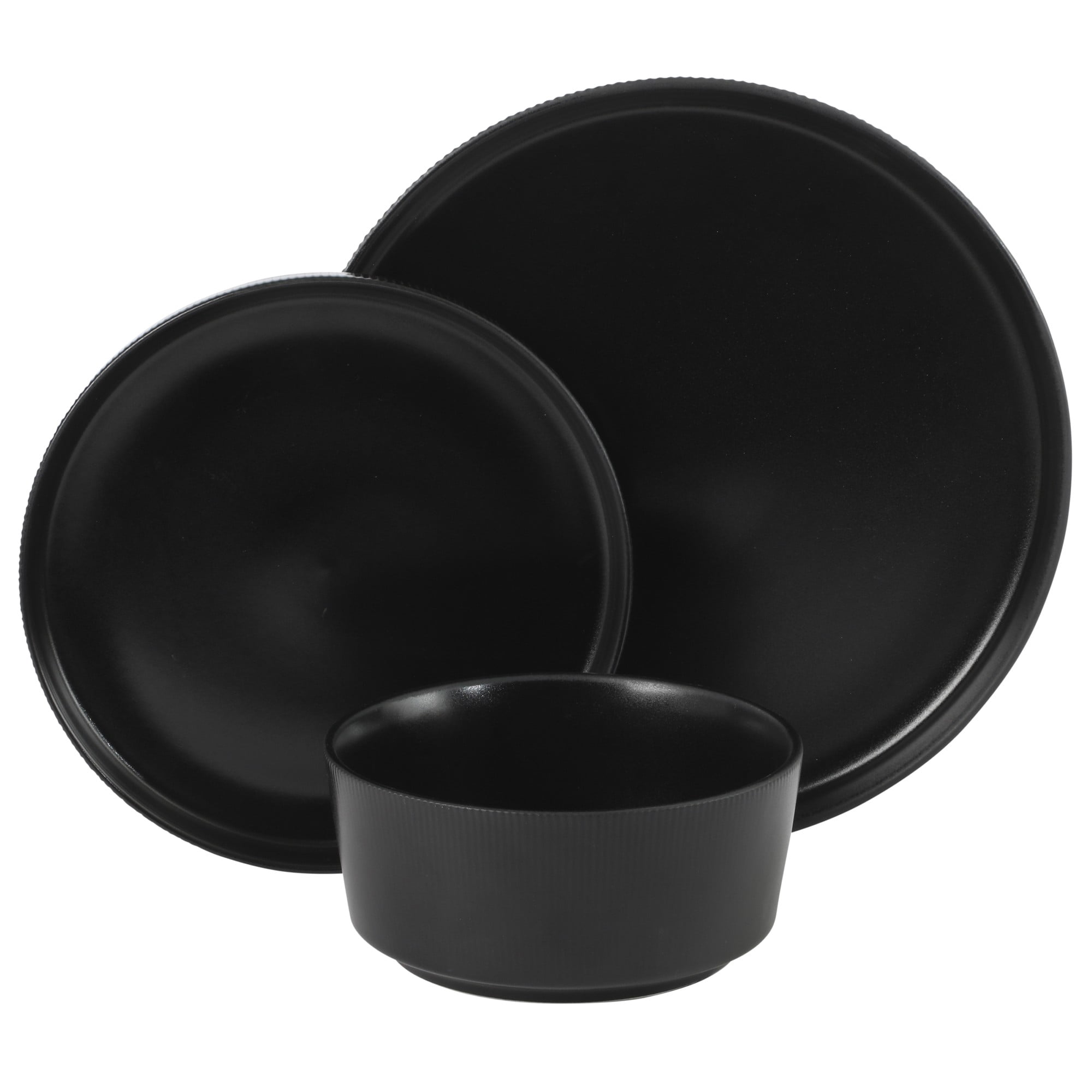 Gibson Home Dempsey Road 12-Piece Stoneware Dinnerware Set – Service for 4, Round Black Plates and Bowls, Durable Solid Color Modern Embossed Dish Set, Microwave & Dishwasher Safe