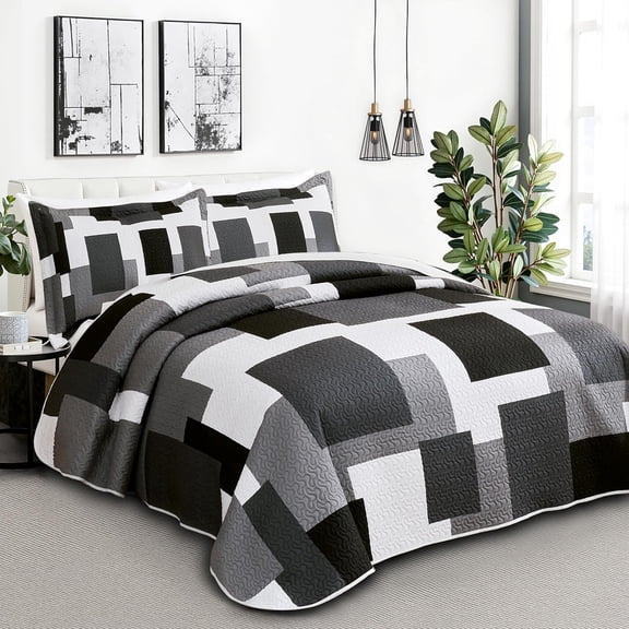 3 Piece Black Grey Quilt Set Full/Queen Size Black White Geometric Reversible Bedding Set Microfiber Lightweight Bedspread Coverlet with 2 Shams Modern Bed Covers for All Season