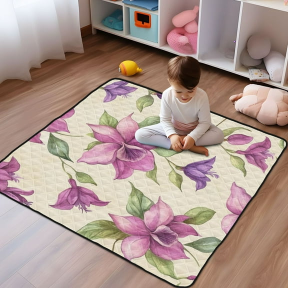 WOBOGO A Pattern with Watercolor Fuchsia Orchids Baby Playmats Extra Large Waterproof Rollable Activity Pads for Toddlers 50×50inch