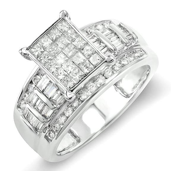 1.25 Carat (ctw) 14k White Gold Princess, Baguette & Round Diamond Bridal Ring Invisible Set 1 1/4 CT