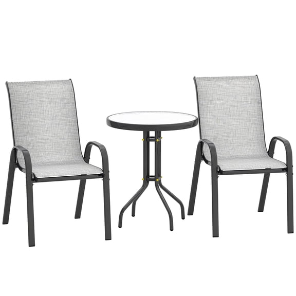 Patio Dining Set, 3-Piece Outdoor Furniture with 2 Stackable Breathable Mesh Steel Chairs and Round Tempered Glass Top Table, Grey, for Balcony Garden Terrace, 60cm Table, 93cm Chair