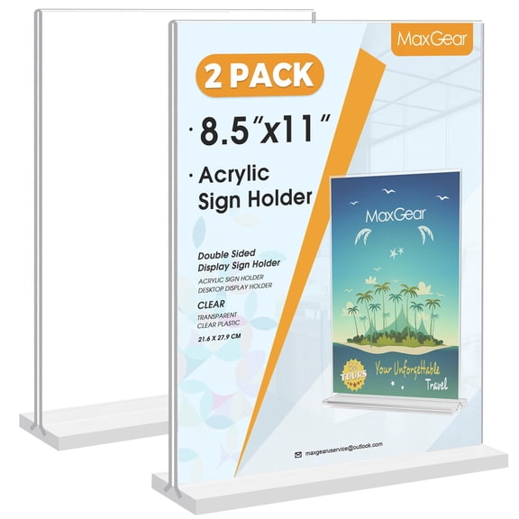8.5x11 Inches Acrylic Display Stand 2 Pack, Double Sided Clear Paper Holder for Table Top, Vertical Menu Flyer Frame for Store Counter Office Event Business