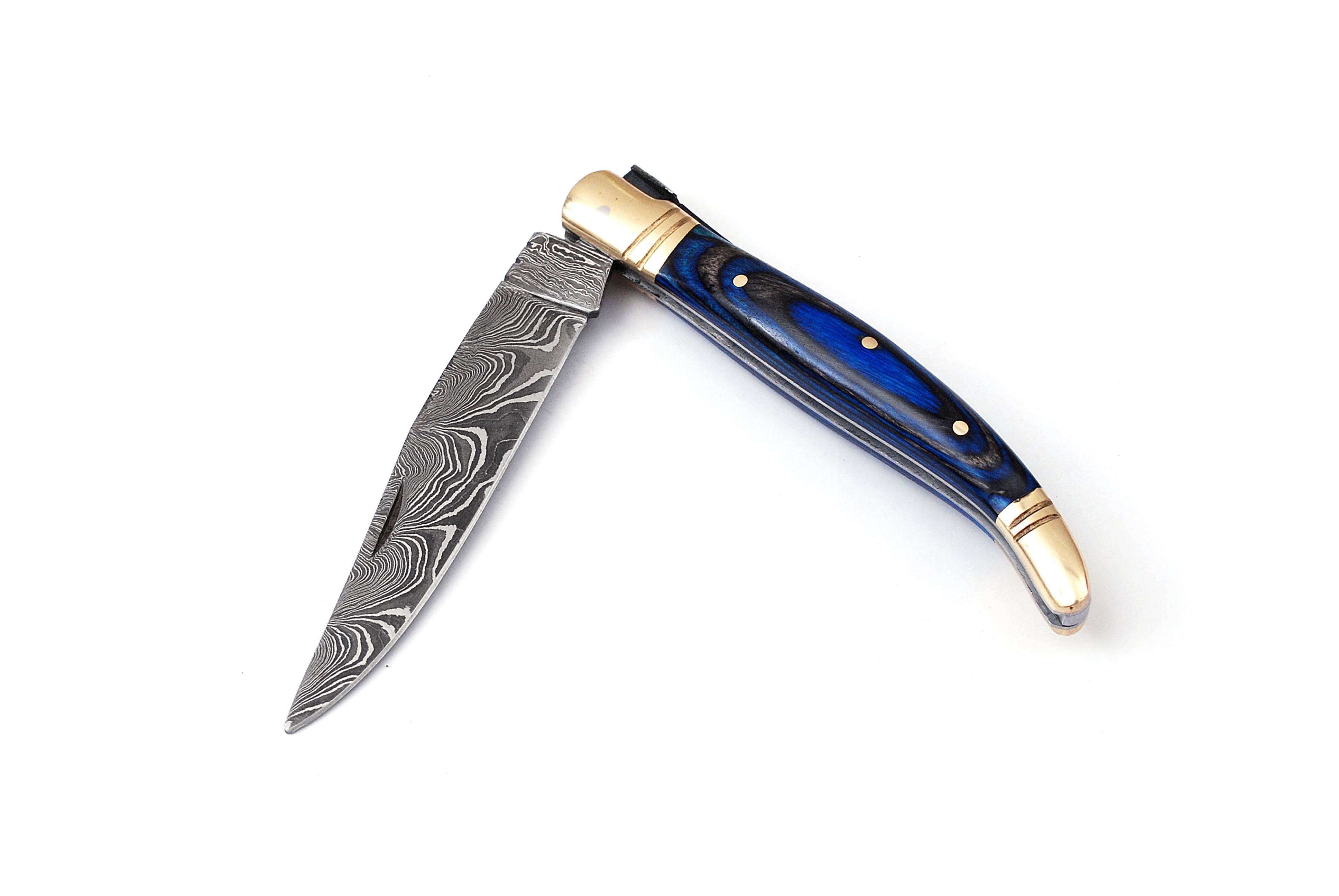 Damascus steel folding knife with leather sheath, 8.5 inches long laguiole pocket knife with 4 inches long Damascus steel Blade, 4.5 inches Blue multi colored wood scale with Brass bolster and pommel,