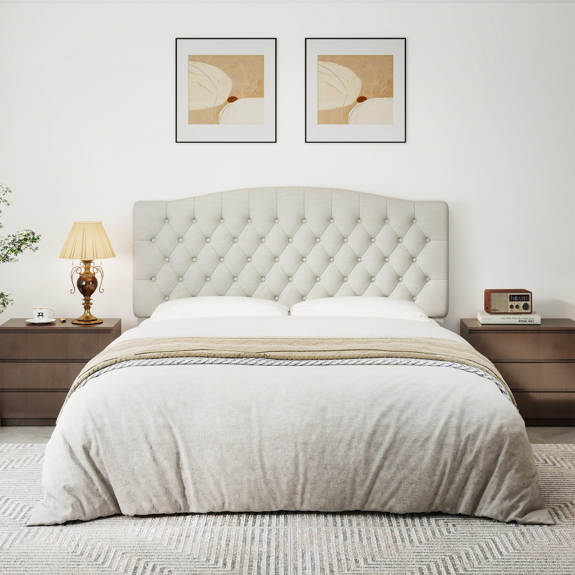 Queen Headboard Wall Mount & Bed Frame Compatible, Linen Upholstered Button Tufted, Ivory