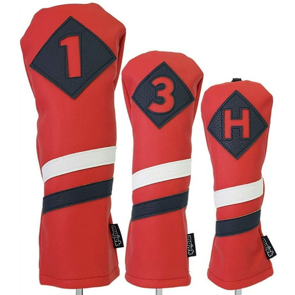 Majek Retro Golf Headcovers Red with White and Blue Stripe Vintage Leather Style 1 3 H Driver Fairway Wood and Hybrid Head Cover Classic Look