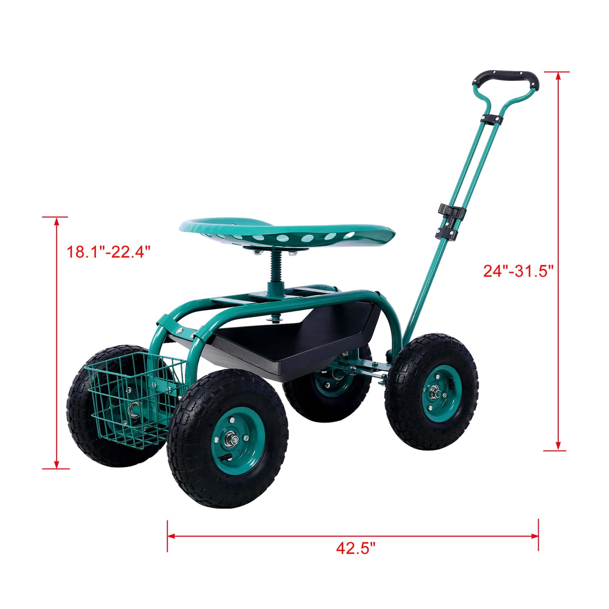 Aukfa Rolling Garden Cart Scooter with Swivel Seat, Wheels, and Tool Tray - Green