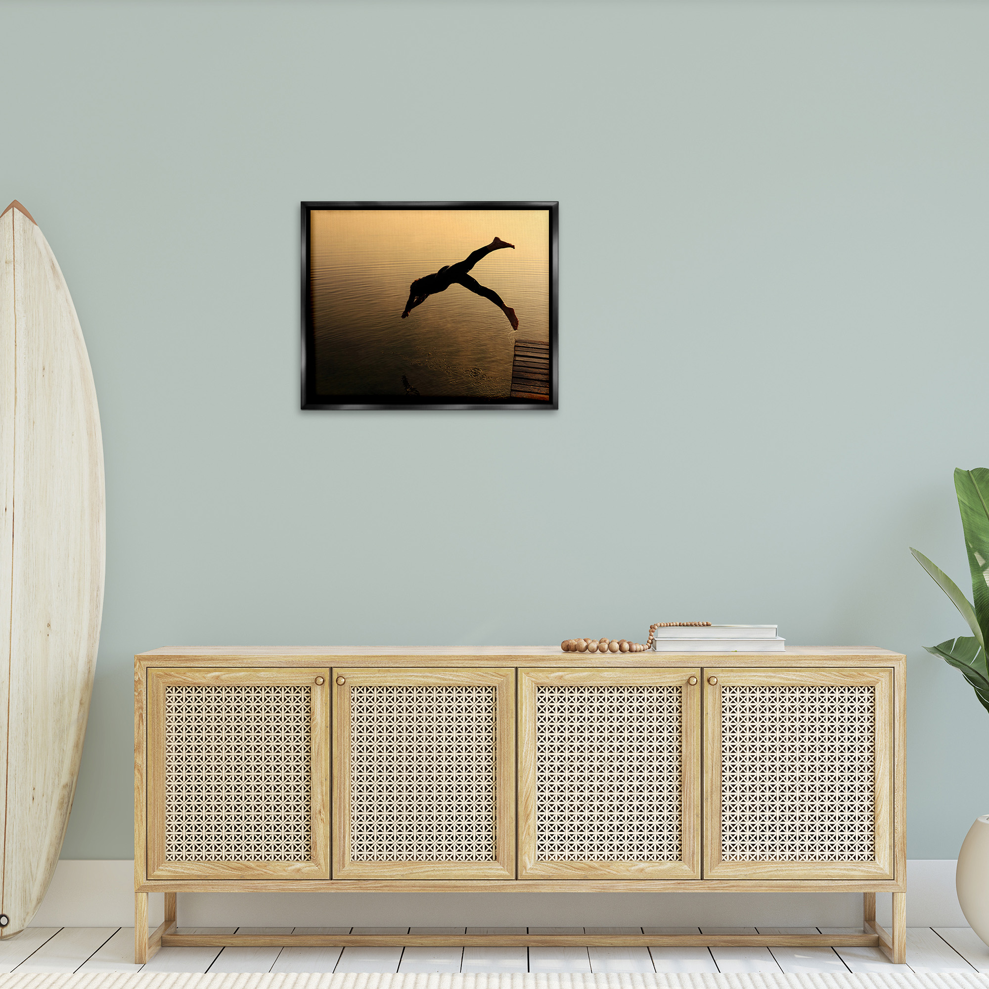Stupell Industries Diving Off Dock Silhouette Novelty Photography Black Floater Framed Canvas Art Print Wall Art, 31 x 25